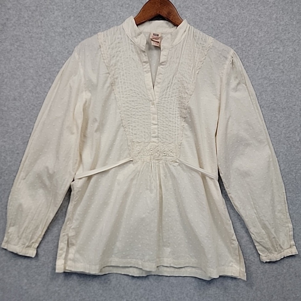 Vintage Faded Glory Top L Swiss Dot Lace Trim Button Up Cotton Y2K Lace Tieback